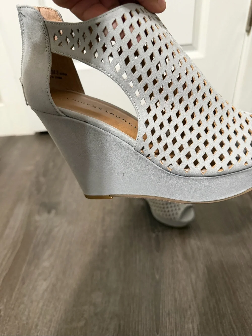 Chase + Chloe Gray Perforated Peep-Toe Wedge Sandals size 8